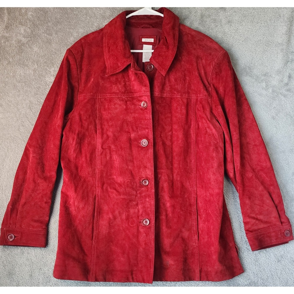 Cherokee Suede Jacket Womens XL Red Genuine Leather Button Up Collared Coat